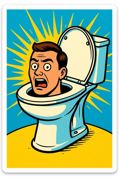 Toilet with a human head sticking out, inspired by Skibidi Toilet meme, comic style, bright colors sticker