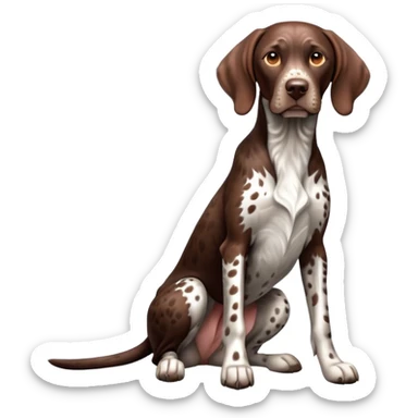 cinematic-[german pointer]-realistic-full-body-sitting-emoji,-tail-resting-loosely-beside-its-paws,-head-tilted-dramatically,-sleek-[brown and white spotted]-fur,-simplified-yet-realistic-focused-features,-highly-detailed,-glowing-with-an-almost-sarcastic-glow sticker