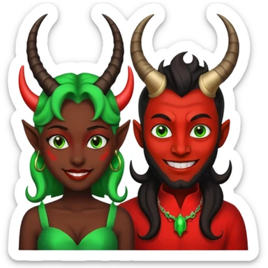 two evil persons (male and female) with devilish smile and black face and green eyes sticker