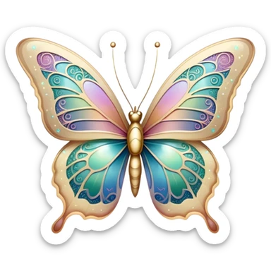 Pastel sparkly beige glittery iridescent rainbow transparent butterfly with detailed intricate patterns sticker