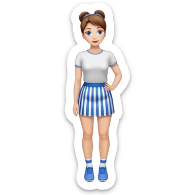 Pretty 50-year-old woman with 1 miniskirt that is blue and white striped brown hair in bun blue eyes and pretty legs sticker
