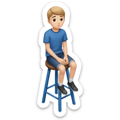 Generate a photorealistic image of a boy sitting on a stool. The scene is captured from a top-down perspective (bird's-eye view), looking directly down from above his head towards his feet. The background should be simple and clean. sticker