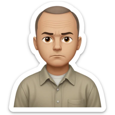 Carl from Sling Blade, serious expression, very detailed features,very recognizable features, chin sticking out, slouching posture, no glasses, shirt with collar,show his entire body, he is standing. three-quarter face angle view. He sticks his head forward. less apple style emoji.  sticker
