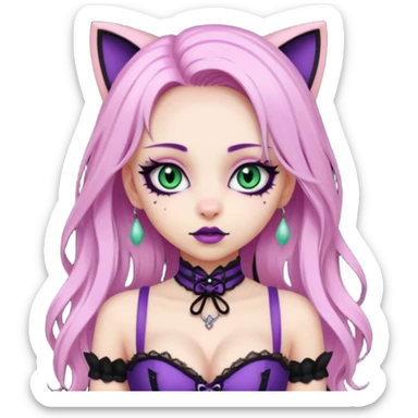 pretty scary girl, long straight LIGHT pink HAIR, jade kitten eyes, black eyeliner, pale skin, purple corset clothes with laces sticker