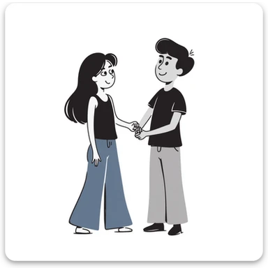 A girl with long brown hair holding the hand of a boy with short black hair, she wearing a black tank top with flared blue jeans, he wearing a black t-shirt with grey jeans, couple in love sticker