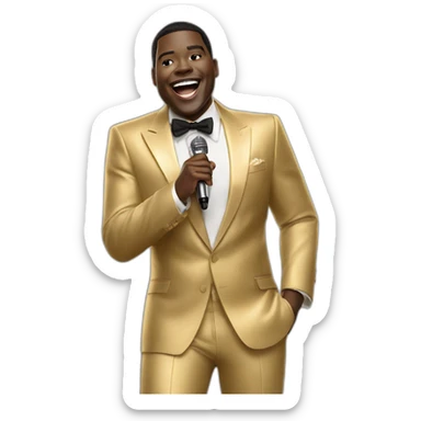 sam richardson in a gold suit singing into a microphone full body dancing sticker