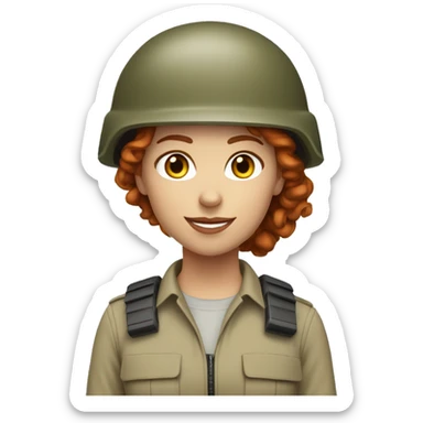 operator dressed in khaki color with a milatary helmet, without glasses, without headset, preferably curly redhead female sticker