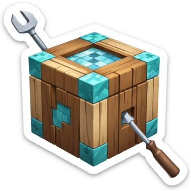 crafting table with tools like a minecraft style cube crafting table 100% like a minecraft table crafting, with on the right, left, a glass showing crafting merging between stone and wood sticker
