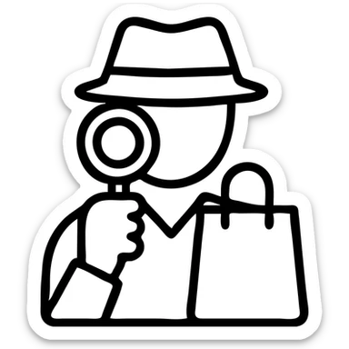 outlined icon of a mystery shopper with a magnifying glass and shopping bag sticker