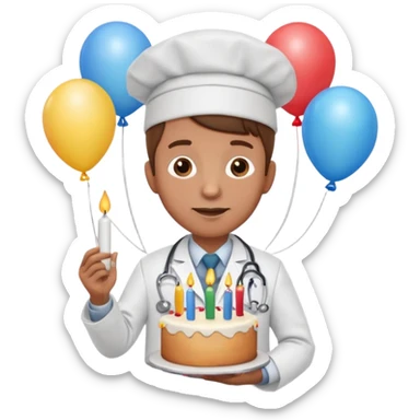 cartoon doctor holding a birthday cake with candles, wearing a lab coat and festive hat, with balloons in the background sticker