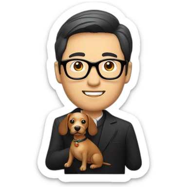 An asian man tailor wearing black framed glassed holding a sausage dog sticker