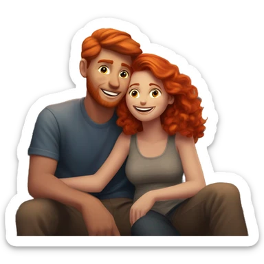 A happy red headed lady snuggling with her boy friend as they watch the sunset from up in the mountains sticker