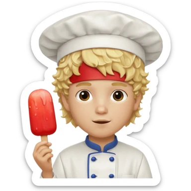 boy blonde curly hair, chef, eating ice pop sticker