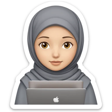A girl wearing a gray hijab and with hazel eyes is carrying a laptop, not a laptop, just a regular laptop. Not mat bock  sticker