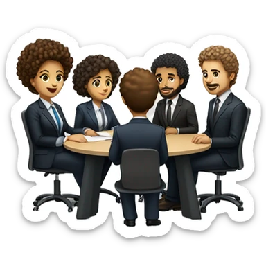work meeting table 3 men and 4 women sitting on a table wearing suits the women have curly hair and one of the men is fat with a beard and of them is tanned with curly hair sticker
