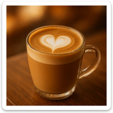 a beautiful coffee latte in a glass mug, with heart-shaped foam art, warm and inviting atmosphere sticker
