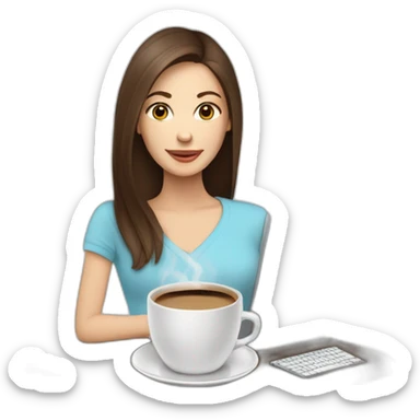 woman with long straight brown hair and pale skin using a laptop as a saucer for a large coffee mug sticker