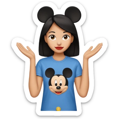 Dark haired women on her own with Mickey Mouse sticker