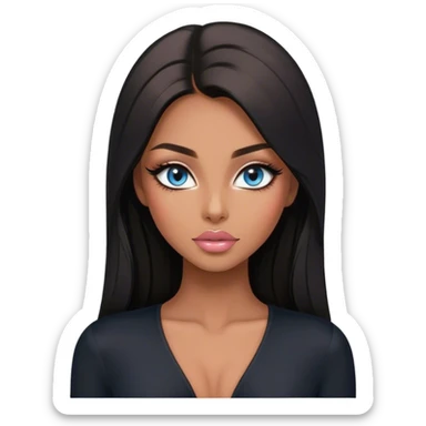 Glamours make-up, tanned, beautiful, girl, with blue eyes, big pump peach-beige-rose lips, eyeliner, long lashes, black straight smooth silky long hair, parting hair in the middle,  in black v-neck bodysuit long sleeves sticker