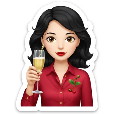 A woman with wavy black hair and a beautiful and authoritative cherry shirt drinking champagne sticker