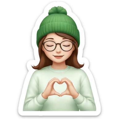 peaceful brown hair girl closed eyes in glasses stylish in a green beanie hat in white sweater smiling making heart from her hands  sticker