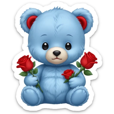 cute blue baby teddy bear holding roses  sticker