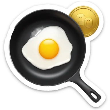 A simple, emoji-style illustration of a black frying pan viewed from above, with a shiny gold coin at its center, designed to resemble a fried egg yolk. The coin has a smooth surface with subtle embossed details. sticker