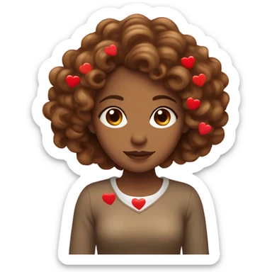 Light brown woman with long brown curly hair with valentines red hearts sticker