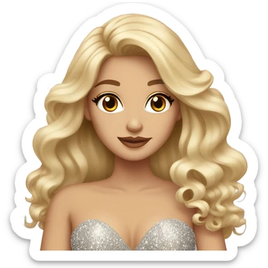 Gorgeous blonde woman, brown eyes, long wavy hair, wearing a sparkly gown sticker