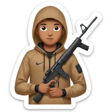
Fais moi un jeune taliban qui ressemble qui tient une AR15 avec un hoodie a capuche, capuché, avec la cagoule nike therma fit hood sticker