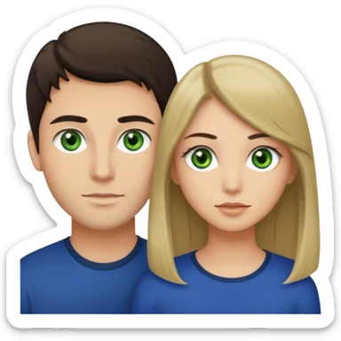 A girl with green eyes and dark hair with her boyfriend with light brown eyes and dark blonde hair and a cavanhaque sticker