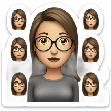 Upset, white women, brunette with highlights, big round glasses sticker
