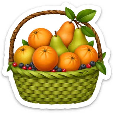 A rustic fruit basket with oranges, pears, and berries.







































 sticker