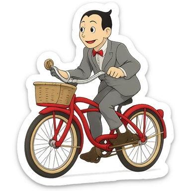 ghibli style Pee-wee Herman on a red bicycle sticker