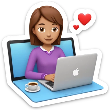 3D clay character relaxed with laptop and coffee, floating icons (envelope, heart, dollar), colofrful outfit, floating icons, white laptop, Pixar style, transparent background sticker