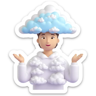 person with upper body up to the shoulders entirely made of clouds, clouds form the shape of the person, 3D emoji style sticker