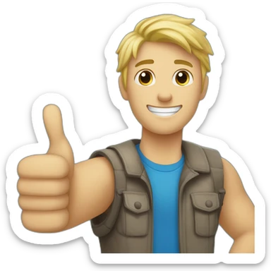 young man with blonde hair giving thumbs up, hand in foreground, head in background, blue t-shirt wide angle shot sticker