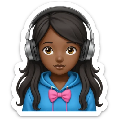 A black girl with long hair wearing a hoodie with headphones with bow sticker