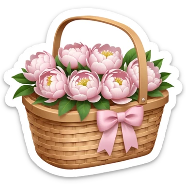White Picnic basket with light pink bow and white peonies inside sticker