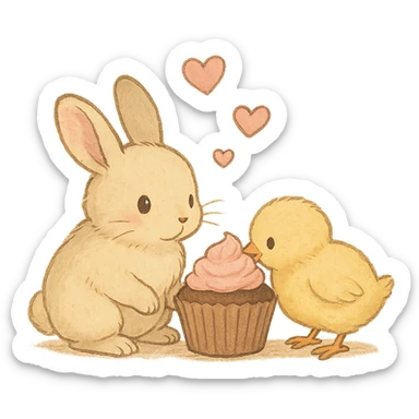 bunny and chick sharing cupcake with hearts floating, soft Ghibli style sticker