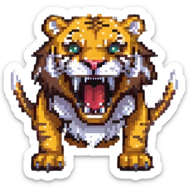 saber-toothed tiger with extremely small body and enormously exaggerated fangs, tiny creature with giant teeth that are much bigger than its whole body sticker