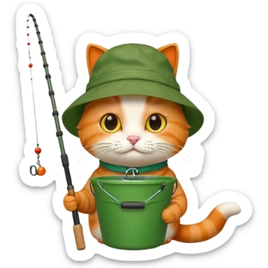 cat holding fishing rod with bucket hat green sticker