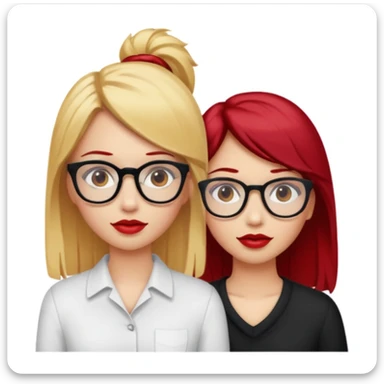 Two white girls, one has blonde hair, brown eyes and glasses and the other one has cherry red hair, brown eyes and red lips sticker