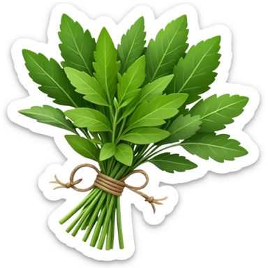 small bundle of fresh herbs (thyme, bay leaf, parsley), tied with natural string, green leaves with color variation and texture, neatly arranged, clean 3D rendering, soft lighting, subtle shadows, no pot or background, no anthropomorphic features, emoji scale sticker