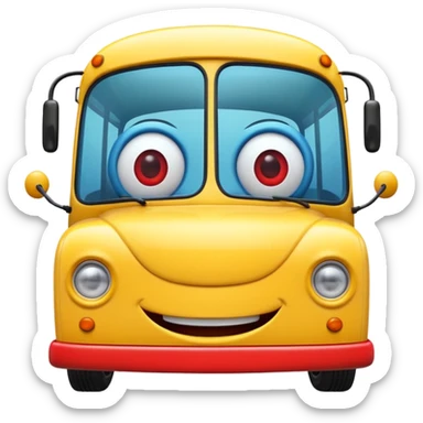 Front view of a bus with a cheerful smiling face, expressive eyes integrated into the windshield, glossy 3D animation style, Pixar-inspired, vibrant colors, soft shadows, cinematic lighting, ultra detailed, 4k render sticker