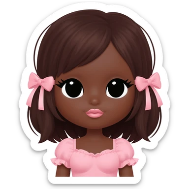 Doll, big chest, dark brown skin, dark brown hair, black cute eyes, pink bows with cute lips sticker