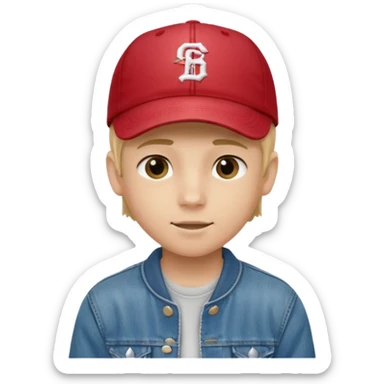 emoji of a teenage boy, straight blonde hair, wearing a baseball cap and jacket, friendly expression sticker