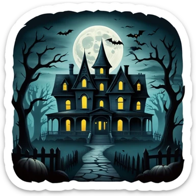 Icon for Horror Movies: A dark, eerie collage featuring iconic horror elements like a haunted house, a full moon, sinister shadows, and creepy creatures emerging from the darkness. The atmosphere should be chilling, with a feeling of suspense and fear. Transparent background. sticker
