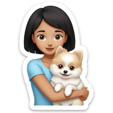 A black short-haired girl happily hugs a white Pomeranian sticker