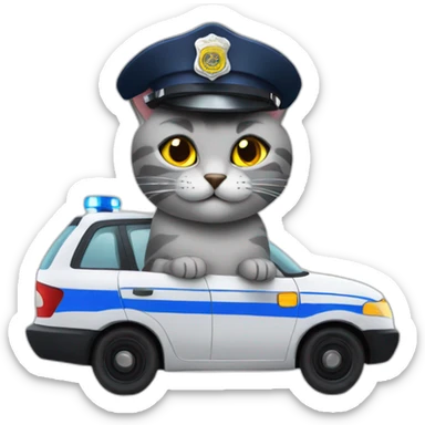 grey cat in a police hat in a police car sticker